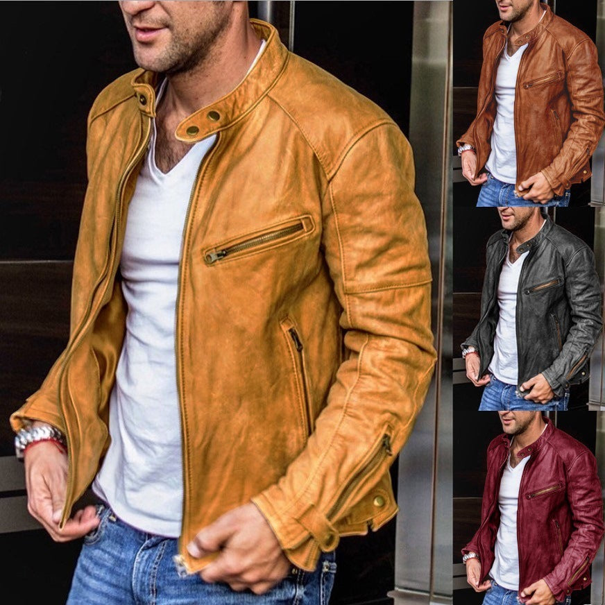 Punk-inspirierte Herren-Lederjacke mit Stehkragen – Perfekt für Herbst und Frühling
