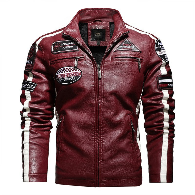 Men's Short Embroidered Slim Fit Lapel Leather Jacket for Youth