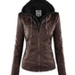 Damen-Lederjacke mit abnehmbarem Revers, langen Ärmeln und Reißverschluss