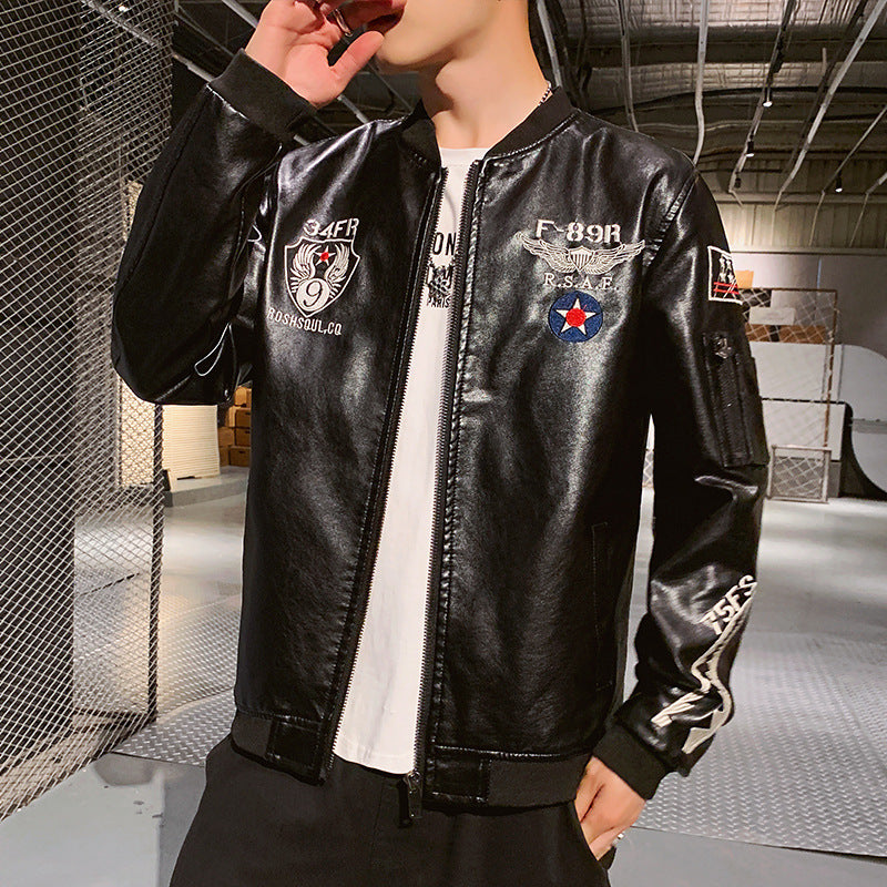 Men's Motorcycle Leather Jacket, Embroidered Leather Jacket