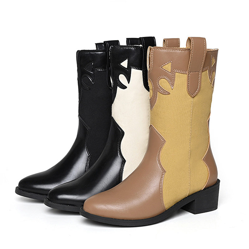 Women's cowboy boots - fashionable mid-calf boots with low heels 