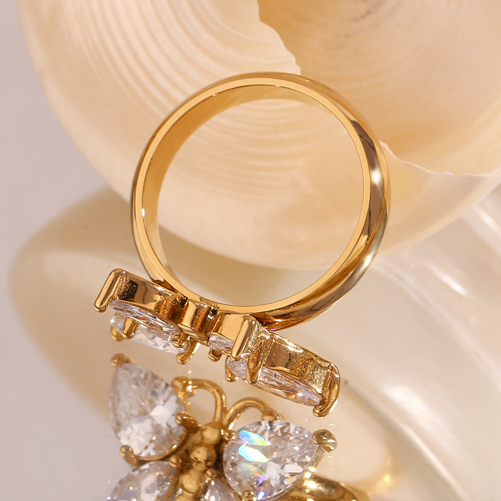 Modischer Zirkonia-Schmetterlingsring – 18K Vergoldeter Edelstahl
