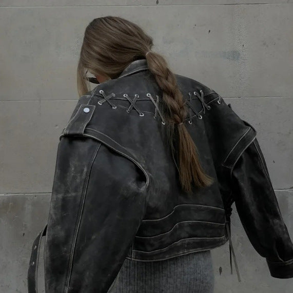 Women's leather jacket in vintage web design