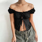 All-Match Short Sleeve Puff Sleeve Shirt with Tie Detail for Women - Street Hipster Style