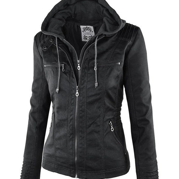 Damen-Lederjacke mit abnehmbarem Revers, langen Ärmeln und Reißverschluss