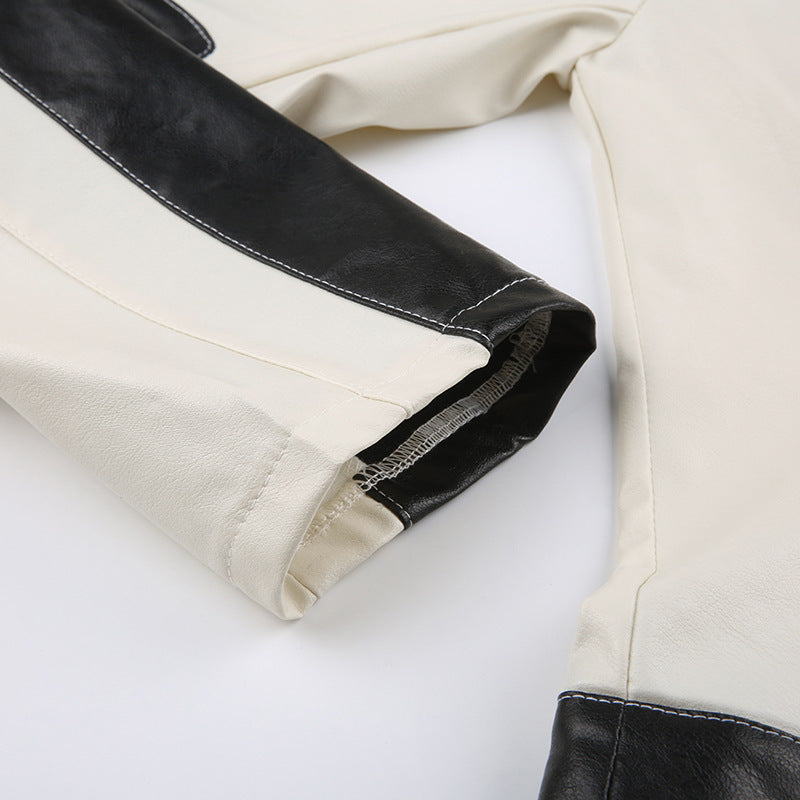 Patchwork-Lederjacke, schlank geschnitten, mit Kragen, lässig
