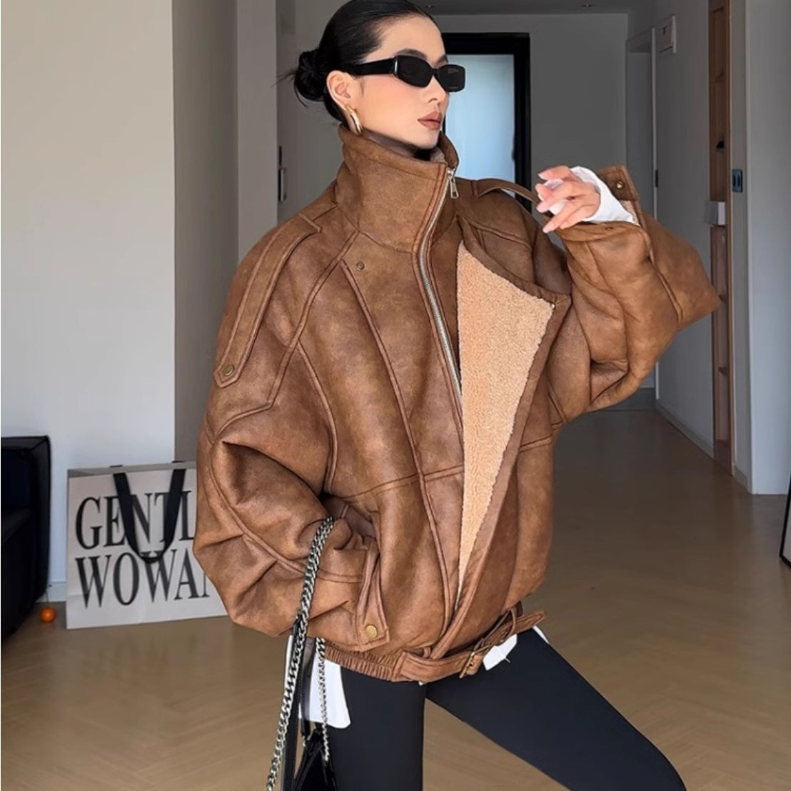 Retro Motorradbekleidung mit Revers und Samtverdicktem Pelzjacke