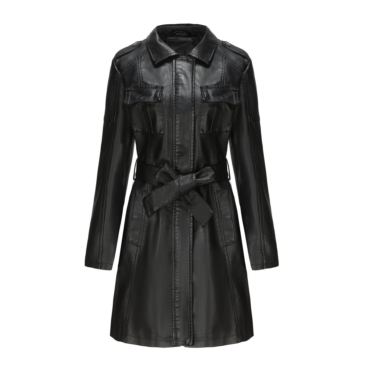 New European and American mid-length leather coat with belt in British style for women