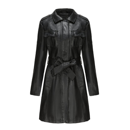 New European and American mid-length leather coat with belt in British style for women