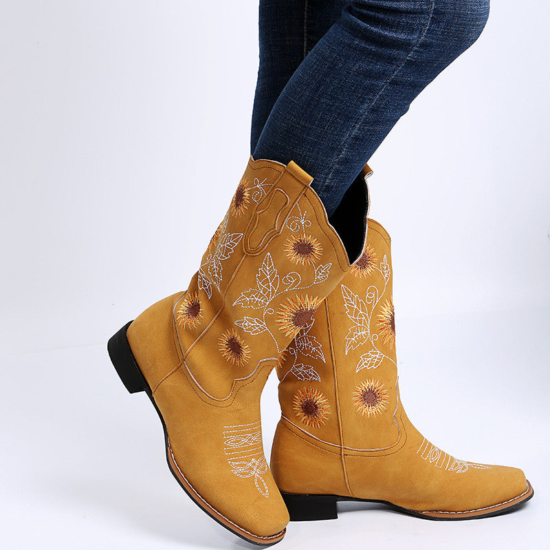 Women's Cowboy Boots - Embroidered Western Boots with Sunflower Design