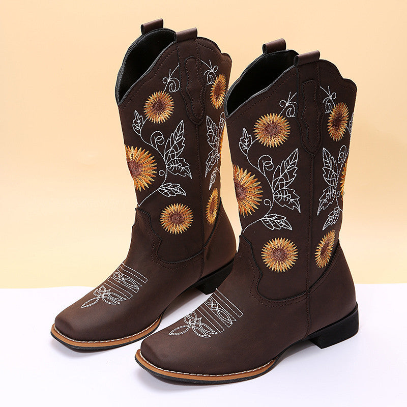 Women's Cowboy Boots - Embroidered Western Boots with Sunflower Design