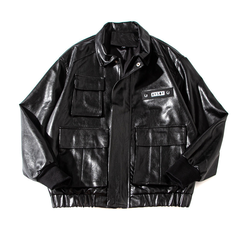 Werkzeug-Motorrad-Lederjacke für Herren, trendig, locker und gutaussehend