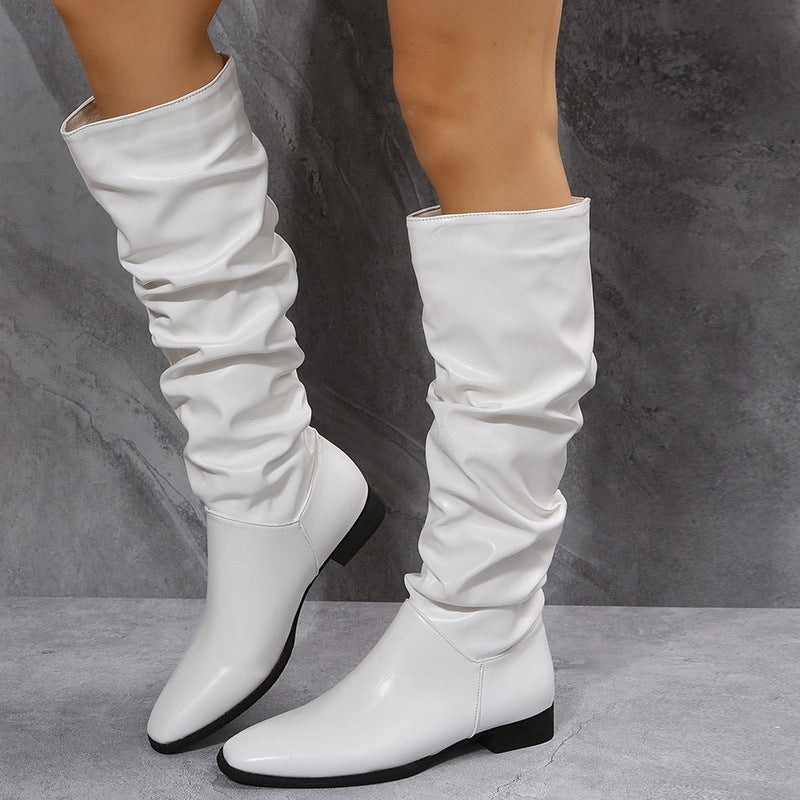 Women's Cowboy Boots - White Long Boots with Pointed Toe and Block Heel