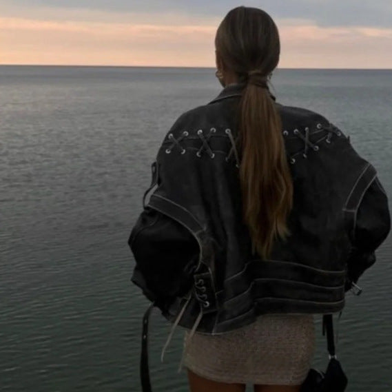 Women's leather jacket in vintage web design