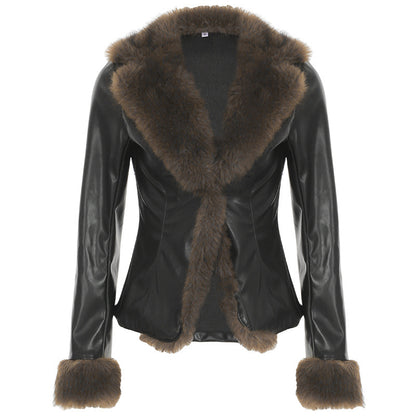 Damen-Lederjacke mit abnehmbarem Revers, langen Ärmeln und Reißverschluss