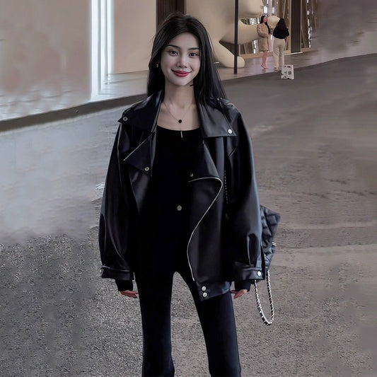 Casual Loose Small Plus Size Black Leather Coat for Women