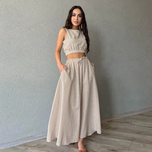 Damen Ramie Weste und langer Rock – Lässiger Khaki-Zweiteiler im Streetstyle