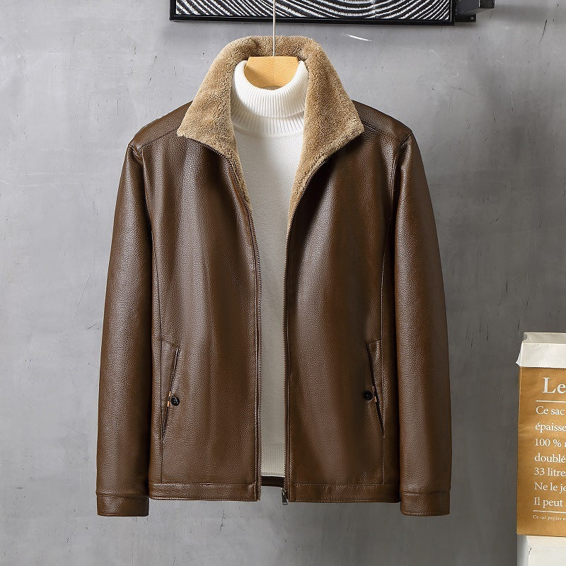 Men's leather jacket with lapels and fleece lining