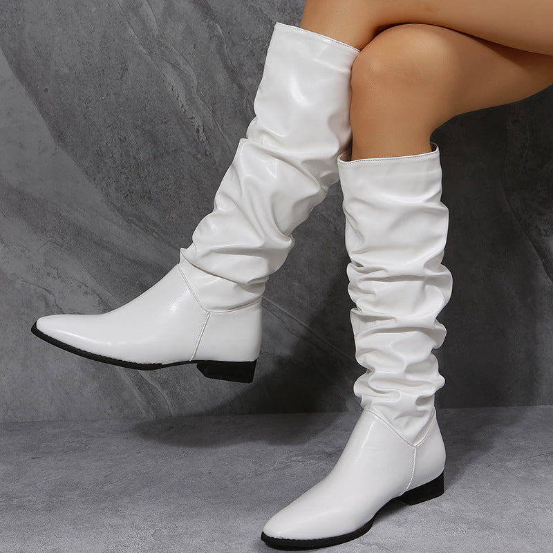 Women's Cowboy Boots - White Long Boots with Pointed Toe and Block Heel