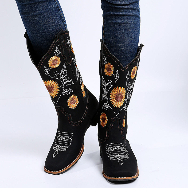 Women's Cowboy Boots - Embroidered Western Boots with Sunflower Design