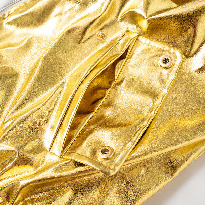PU Metallic Zipper Fashion New Polo Collar Coat