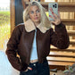 Solid faux leather jacket with knitted fur collar and zipper in basic street fashion style