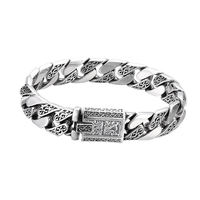 925 Sterling Silber Armband mit Tangcao-Muster – Kubanischer Stil für Männer, Dicke Variante