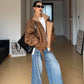 Retro Motorradbekleidung mit Revers und Samtverdicktem Pelzjacke