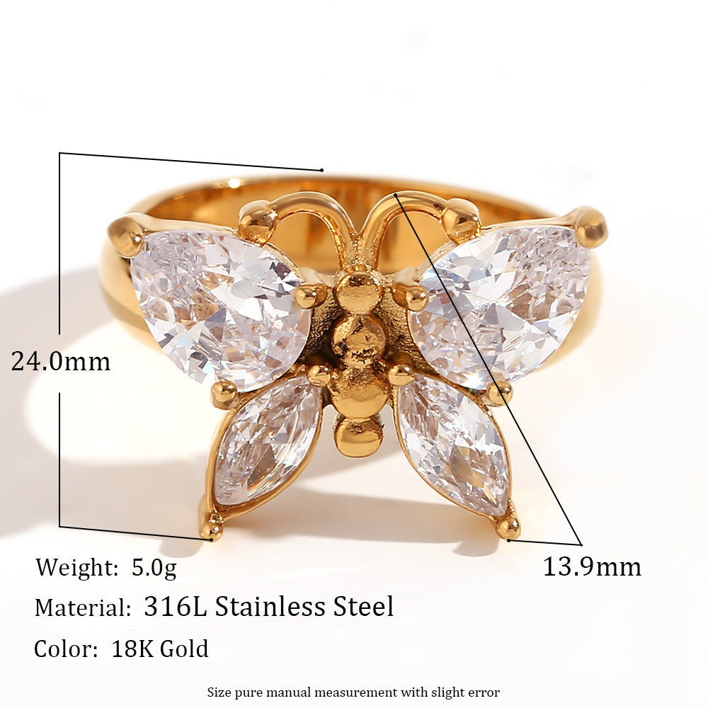 Modischer Zirkonia-Schmetterlingsring – 18K Vergoldeter Edelstahl