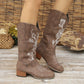 Women's Cowboy Boots - Mid-Calf Western Boots with Floral Embroidery and Block Heel