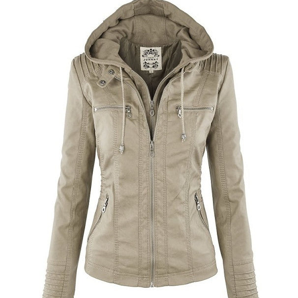 Damen-Lederjacke mit abnehmbarem Revers, langen Ärmeln und Reißverschluss