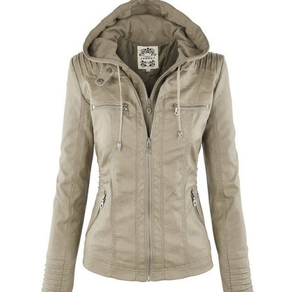 Damen-Lederjacke mit abnehmbarem Revers, langen Ärmeln und Reißverschluss