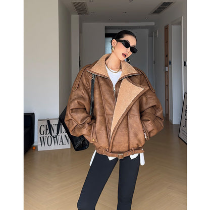 Retro Motorradbekleidung mit Revers und Samtverdicktem Pelzjacke