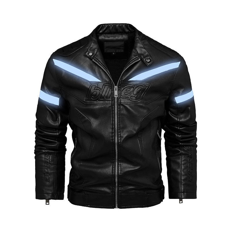 Reflektierende Streifen, modische Plus-Samt-Jugend-Lederjacke für Motorräder