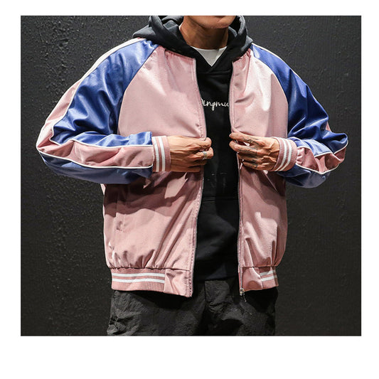 Men's PU Leather Jacket with Cartoon Embroidery and Contrast Stitching