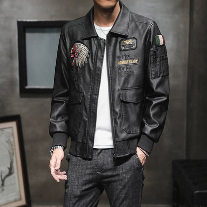 Men's PU Leather Jacket with Lapel and Embroidery in Motorcycle Style