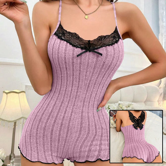 Women's Fashion Butterfly Back Pajama with Lace and Straps, One Piece Nightdress Lingerie