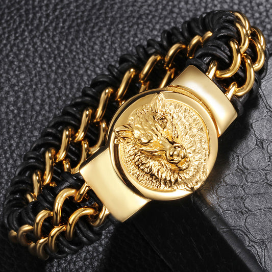 Pulsera de hombre de acero titanio con diseño de cabeza de león con baño de oro y cuero auténtico 