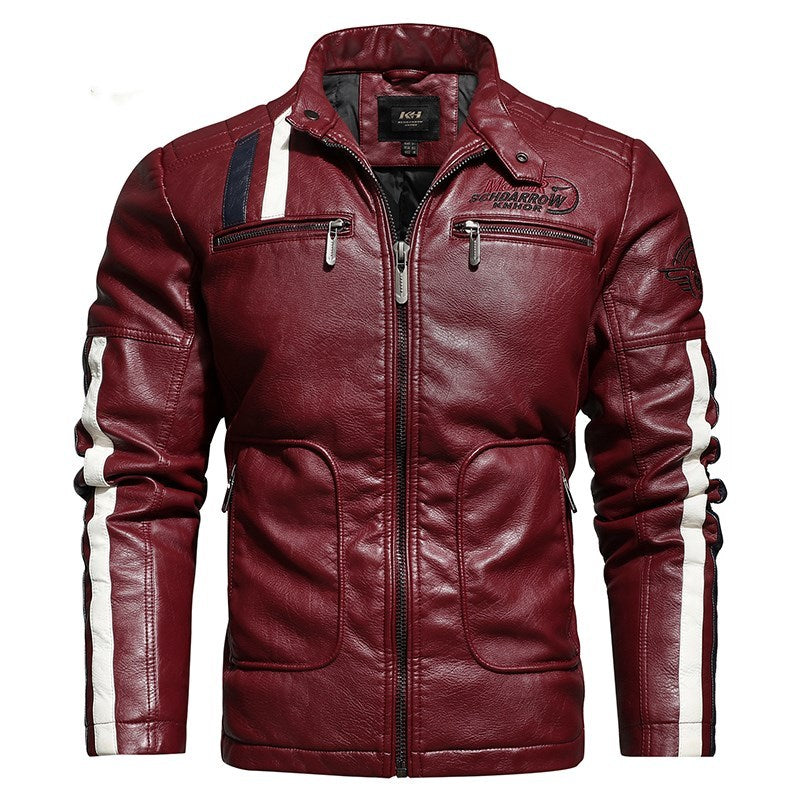 Men's Short Embroidered Slim Fit Lapel Leather Jacket for Youth