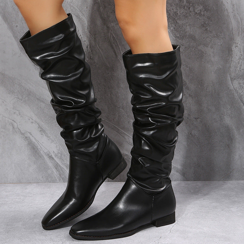 Women's Cowboy Boots - White Long Boots with Pointed Toe and Block Heel