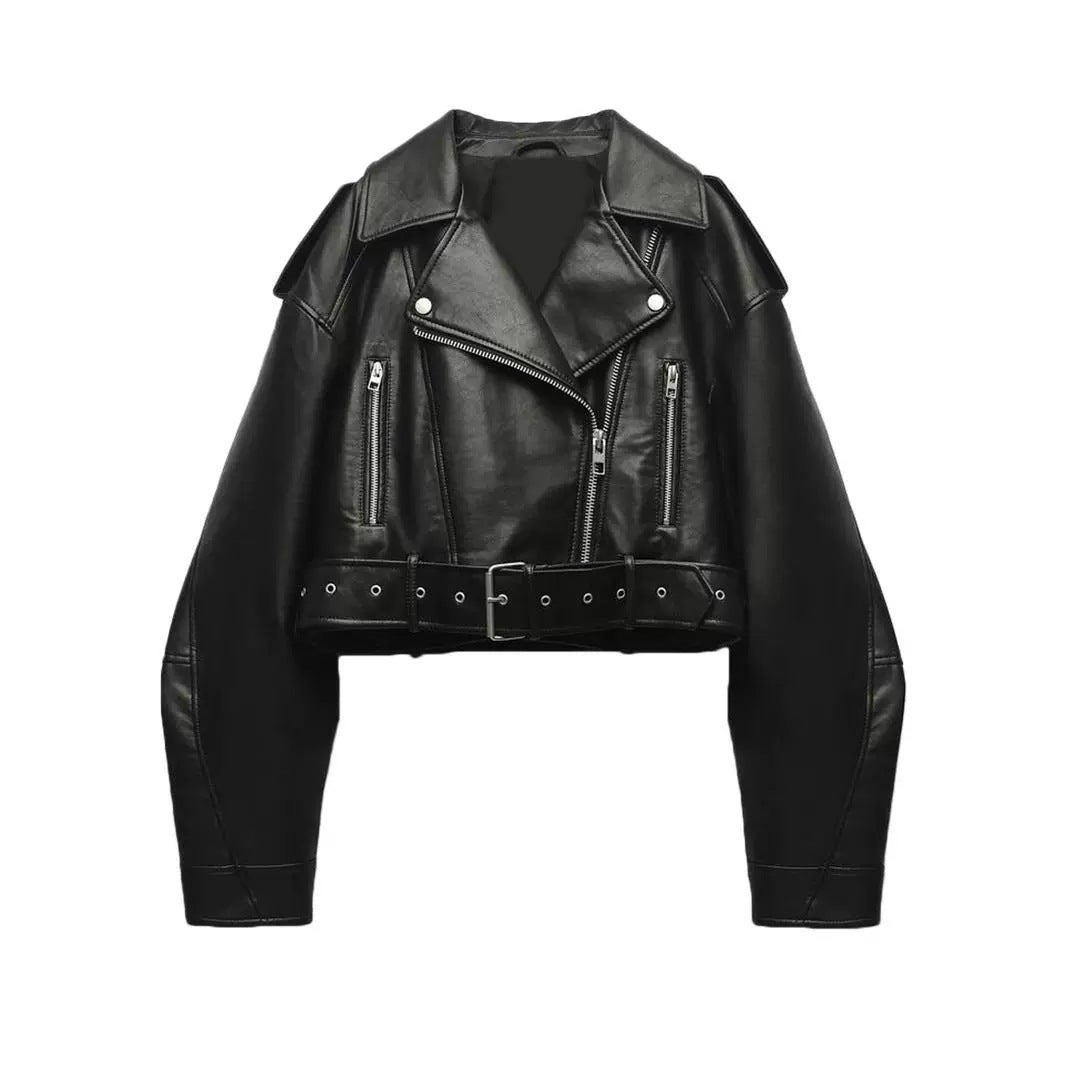 Fashionable washed faux leather motorcycle jacket with zipper