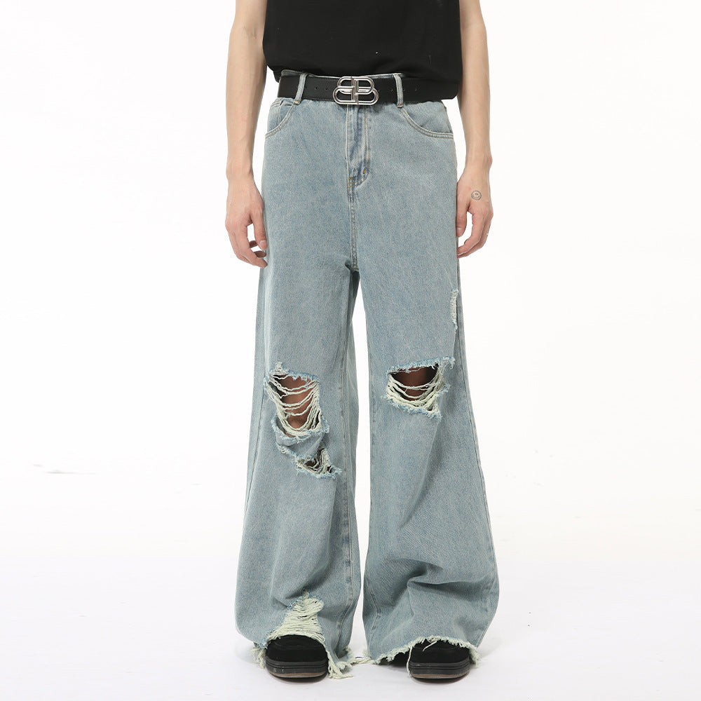 Amerikanischer Pu Shuai Burrs Tassels Broken Hole Design Denim Anzug