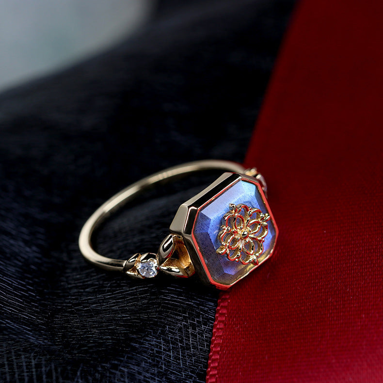Anillo de plata S925 con baño de oro K y labradorita natural - diseño vintage para mujer