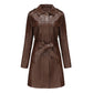 New European and American mid-length leather coat with belt in British style for women