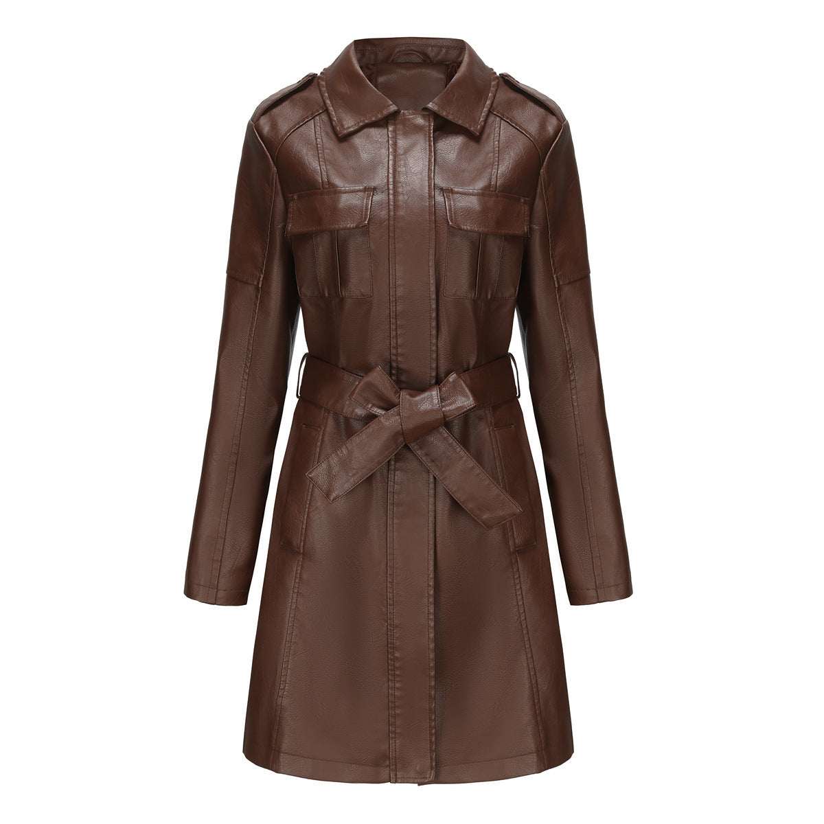 New European and American mid-length leather coat with belt in British style for women
