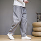Chinese style cotton and linen trousers for men with trendy stripes and loose fit
