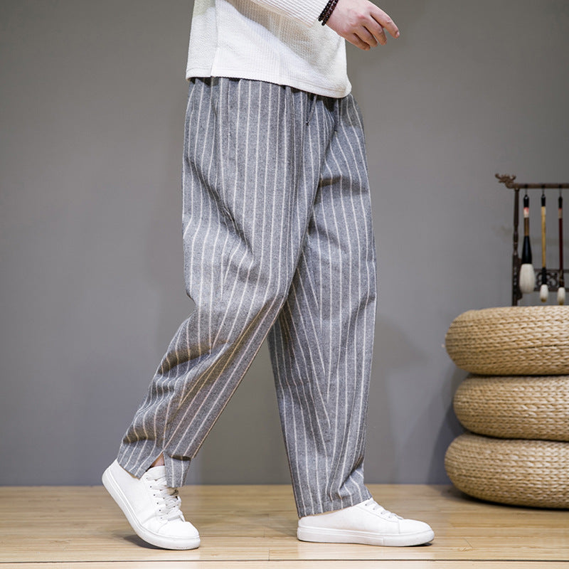 Chinese style cotton and linen trousers for men with trendy stripes and loose fit