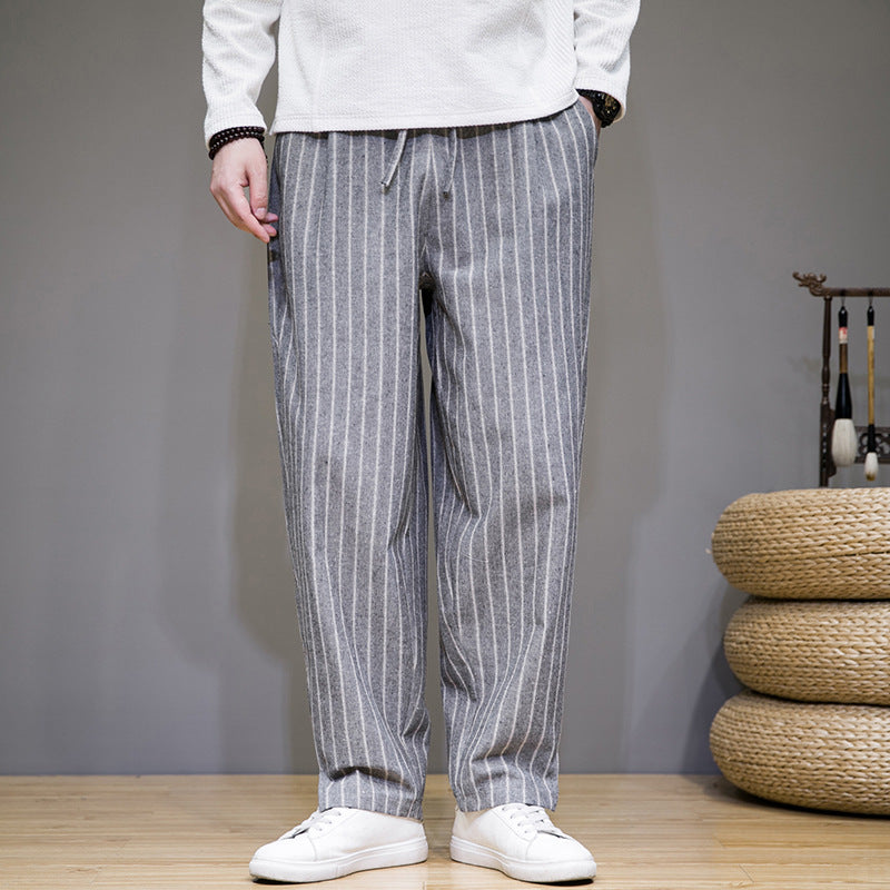 Chinese style cotton and linen trousers for men with trendy stripes and loose fit