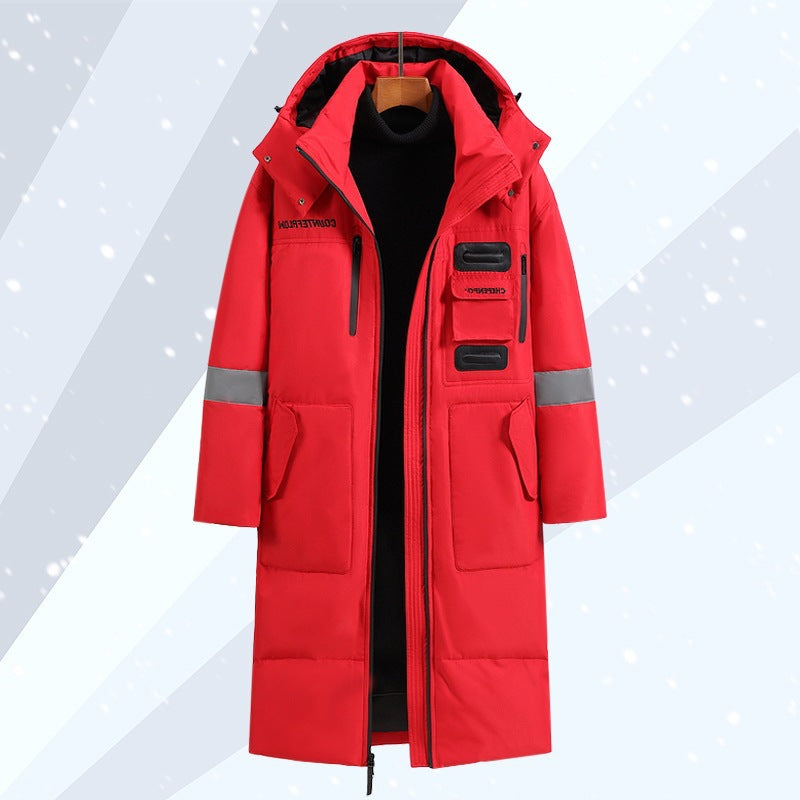 Lange, unterhalb des Knies reichende, kältebeständige, warme Winter-Daunenjacke für Herren