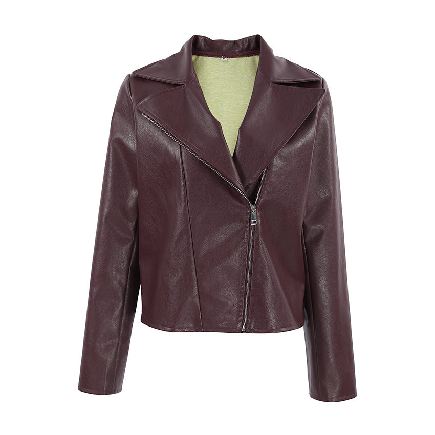 Weinrote Kunstlederjacke mit Anzugkragen und langen Ärmeln